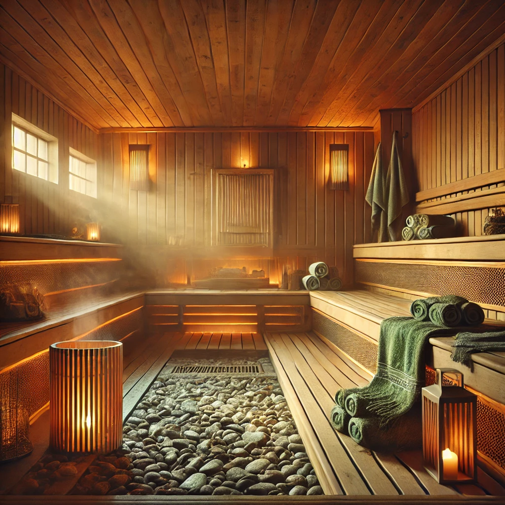 DALL·E 2025-03-01 12.24.33 - A serene sauna relaxation and regeneration scene with a warm, inviting atmosphere. The sauna is designed with wooden interiors, soft ambient lighting,